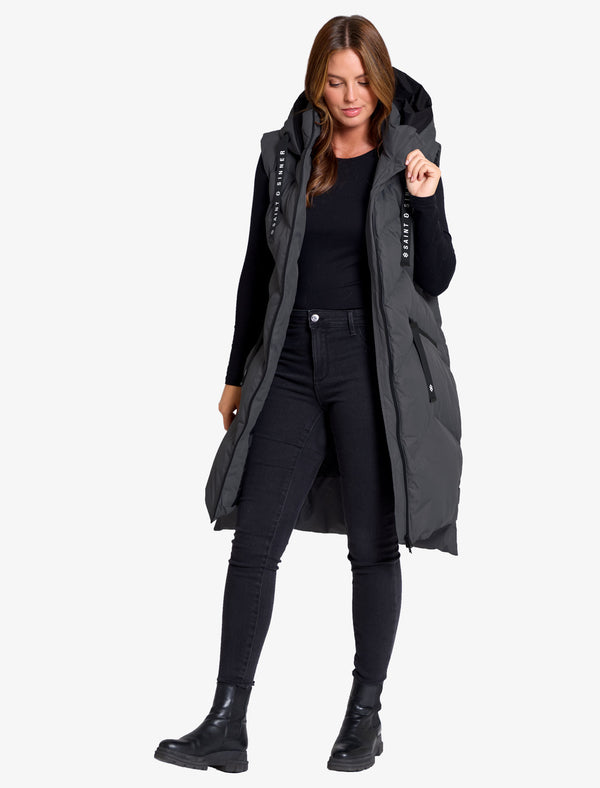 Newby Hooded Longline Quilted Gilet Bodywarmer in Graphite Grey - Saint & Sinner