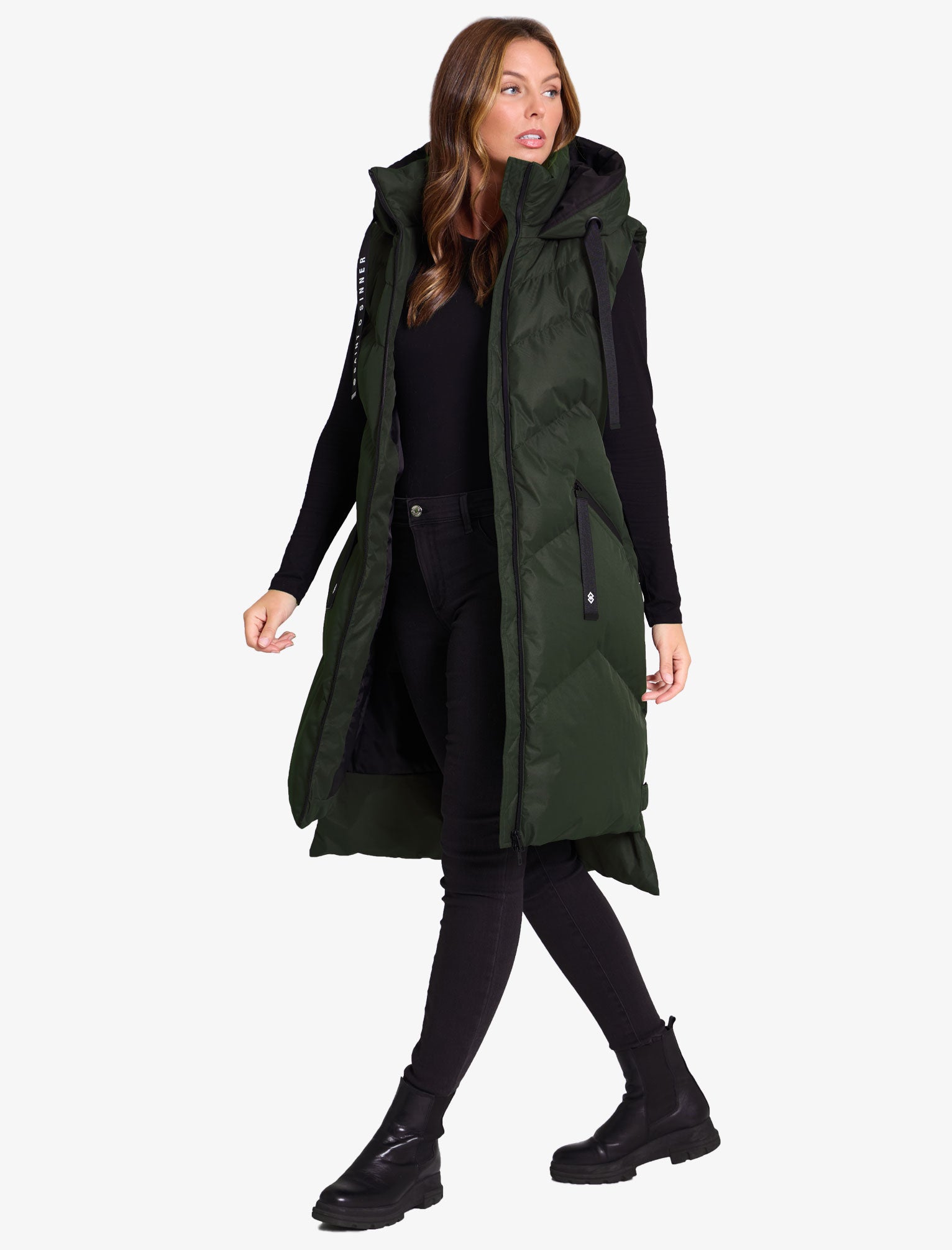 Newby Hooded Longline Quilted Gilet Bodywarmer in Khaki - Saint