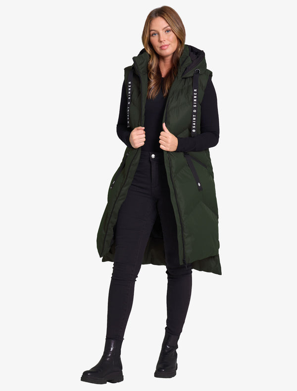 Newby Hooded Longline Quilted Gilet Bodywarmer in Khaki - Saint & Sinner