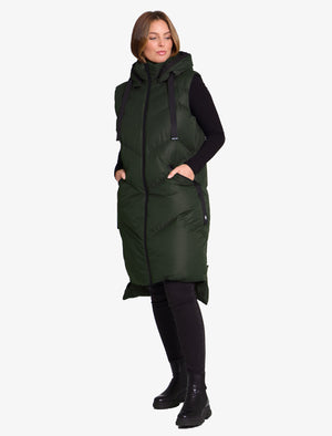 Newby Hooded Longline Quilted Gilet Bodywarmer in Khaki - Saint