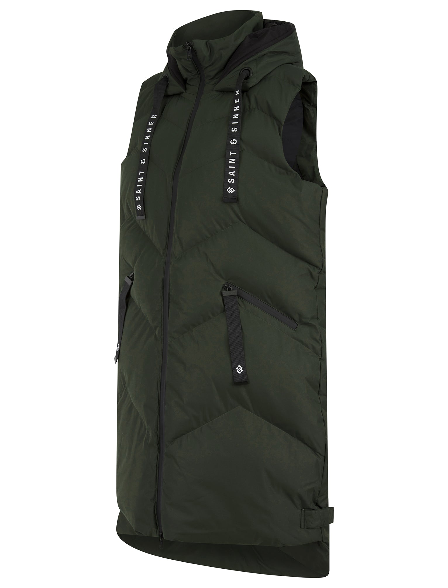 Newby Hooded Longline Quilted Gilet Bodywarmer in Khaki - Saint 