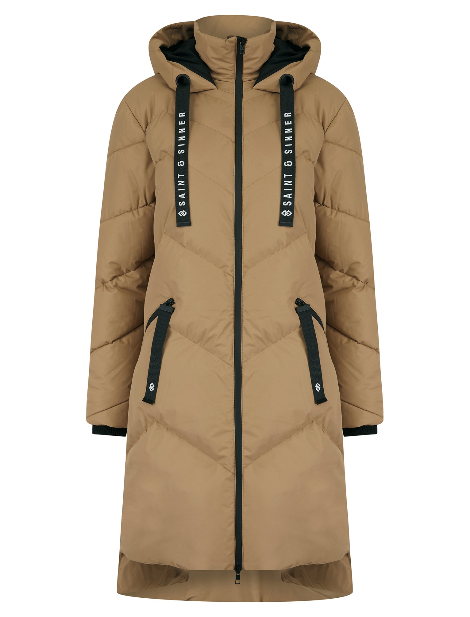 Newby Hooded Longline Quilted Puffer Coat in Camel - Saint