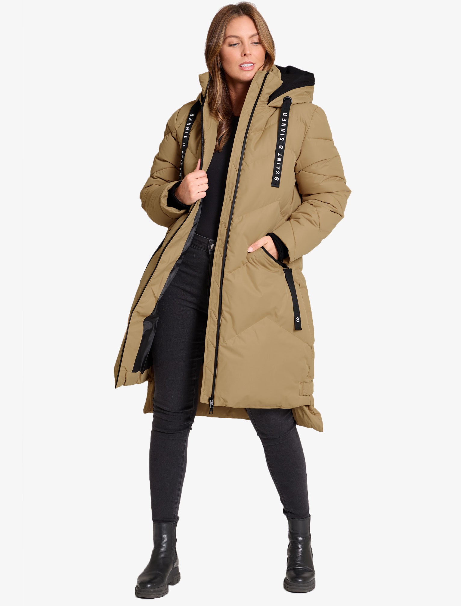 Newby Hooded Longline Quilted Puffer Coat in Camel - Saint