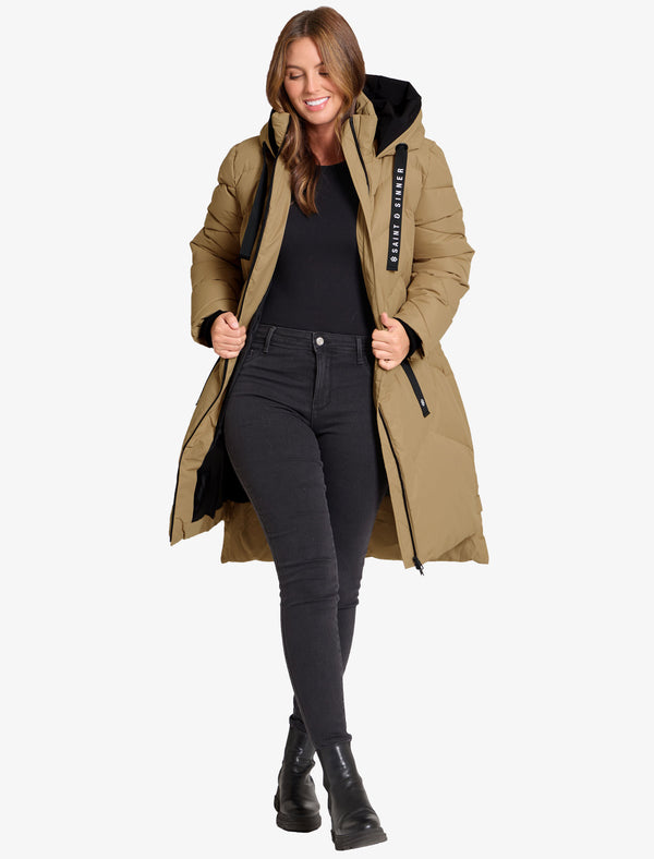 Newby Hooded Longline Quilted Puffer Coat in Camel - Saint & Sinner