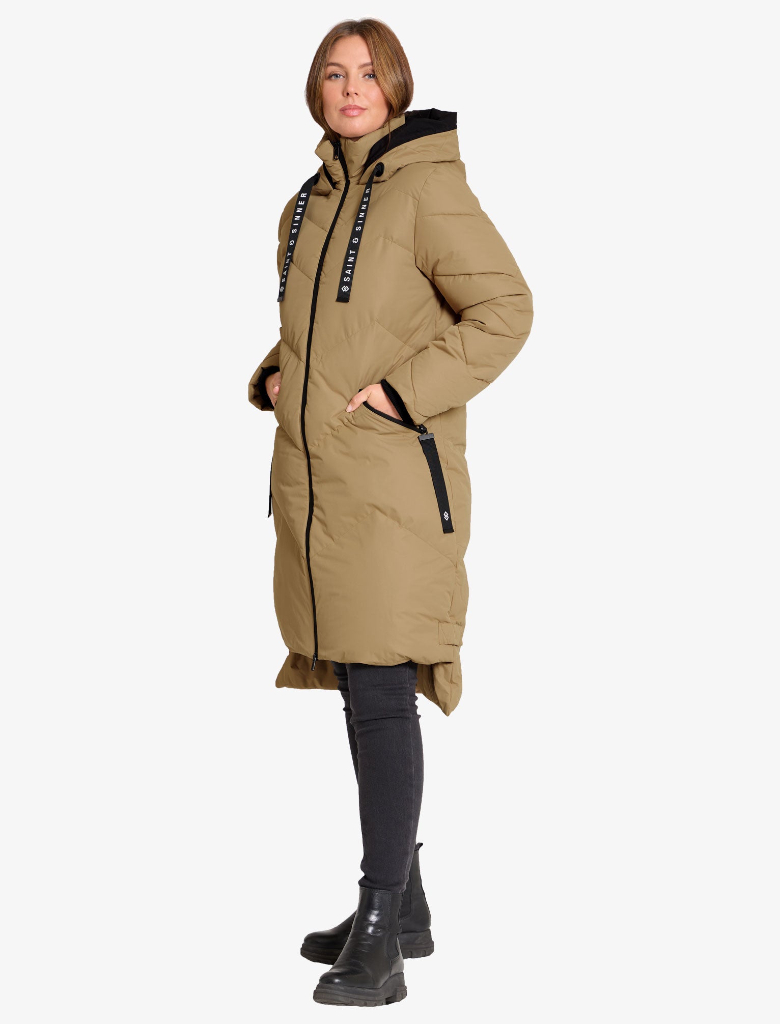 Newby Hooded Longline Quilted Puffer Coat in Camel - Saint