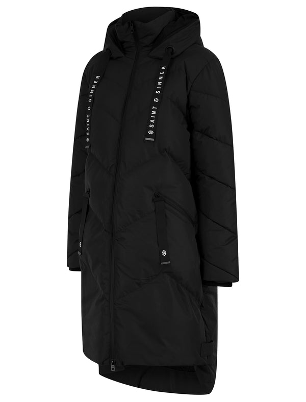 Newby Hooded Longline Quilted Puffer Coat in Black - Saint & Sinner