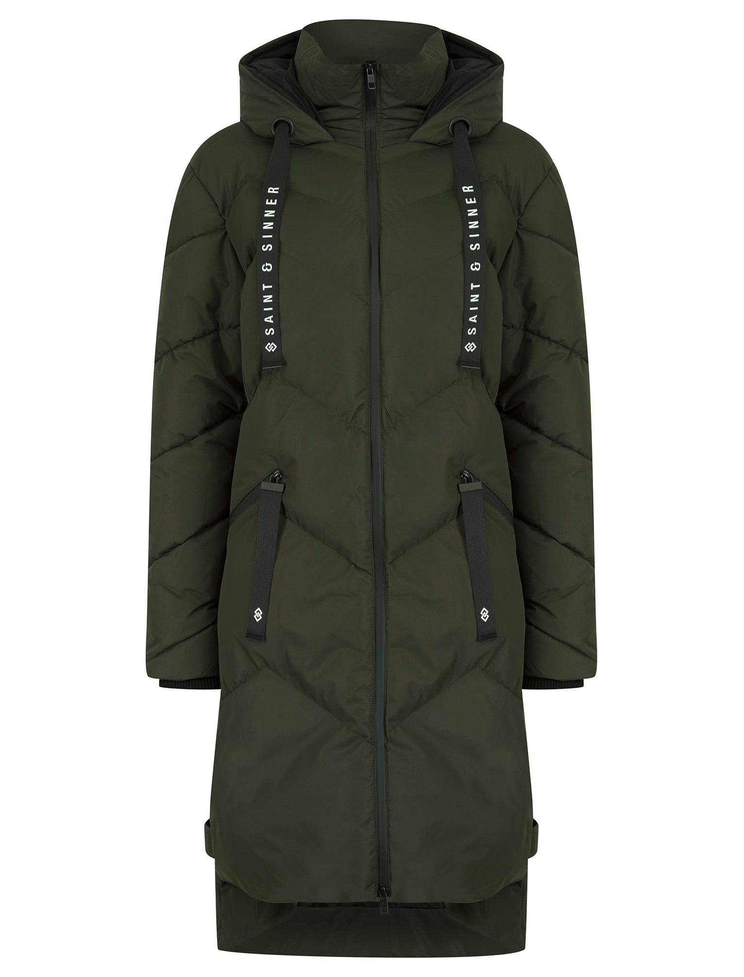 Newby Hooded Longline Quilted Puffer Coat in Khaki - Saint