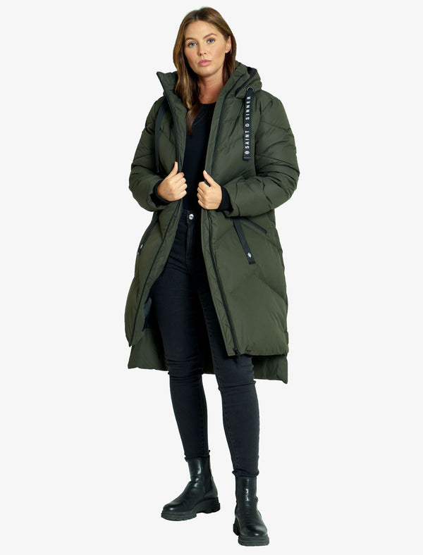 Newby Hooded Longline Quilted Puffer Coat in Khaki - Saint & Sinner