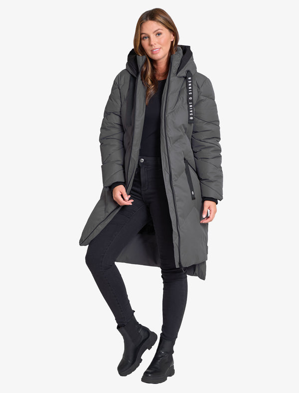 Newby Hooded Longline Quilted Puffer Coat in Graphite Grey - Saint & Sinner