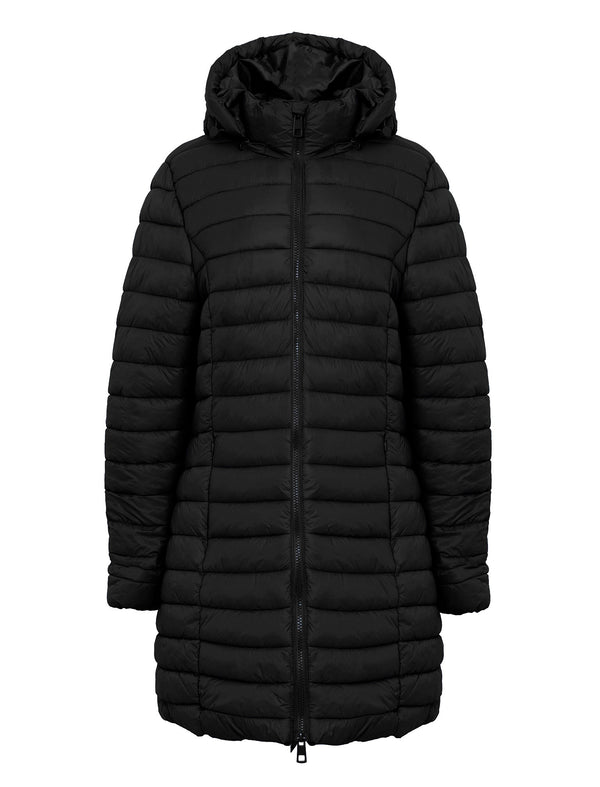 Olivia Longline Quilted Puffer Coat with Detachable Hood in Black - Amara Reya