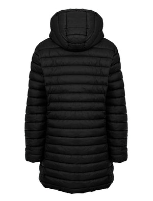 Olivia Longline Quilted Puffer Coat with Detachable Hood in Black - Amara Reya