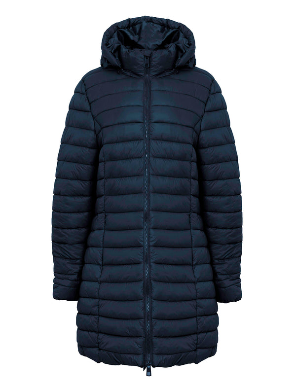 Olivia Longline Quilted Puffer Coat with Detachable Hood in Navy - Amara Reya