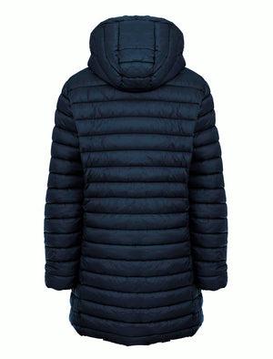 Olivia Longline Quilted Puffer Coat with Detachable Hood in Navy - Amara Reya