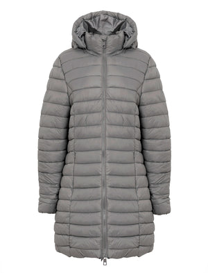 Olivia Longline Quilted Puffer Coat with Detachable Hood in Grey - Amara Reya