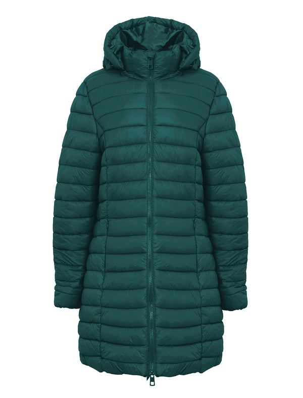 Olivia Longline Quilted Puffer Coat with Detachable Hood in Teal - Amara Reya