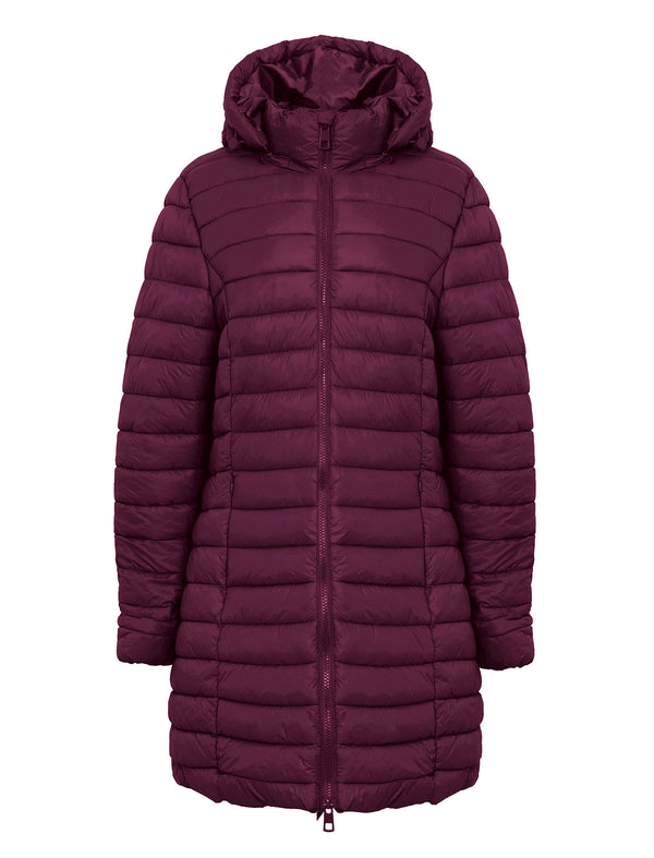 Olivia Longline Quilted Puffer Coat with Detachable Hood in Wine - Amara Reya