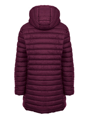 Olivia Longline Quilted Puffer Coat with Detachable Hood in Wine - Amara Reya
