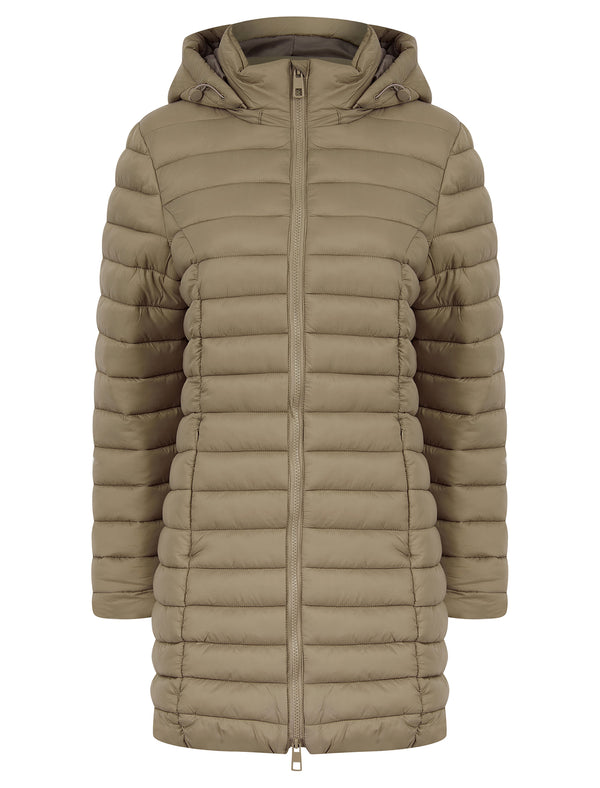 Olivia Longline Quilted Puffer Coat with Detachable Hood in Taupe - Amara Reya