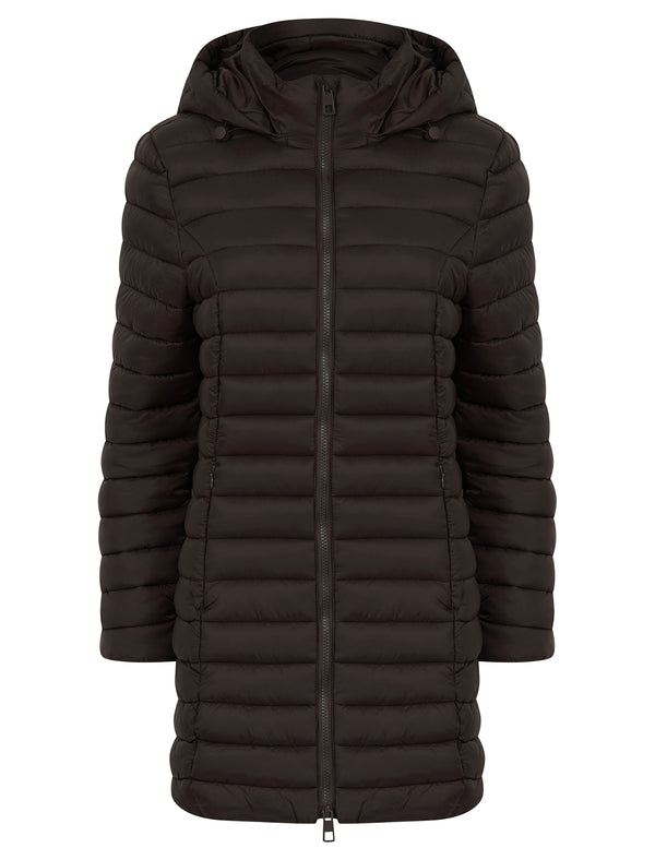 Olivia Longline Quilted Puffer Coat with Detachable Hood in Dark Chocolate - Amara Reya