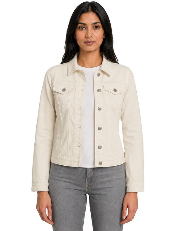 Feather Women's Stretch Cotton Denim Jacket in Ivory - Amara Reya