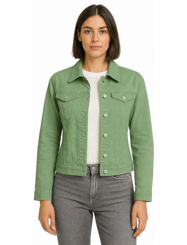 Feather Women's Stretch Cotton Denim Jacket in Green Bay - Amara Reya