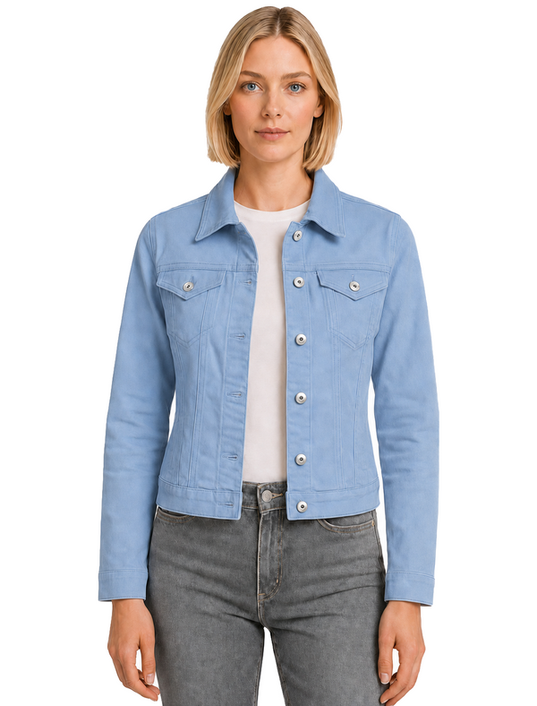 Feather Women's Stretch Cotton Denim Jacket in Hydrangea Blue - Amara Reya