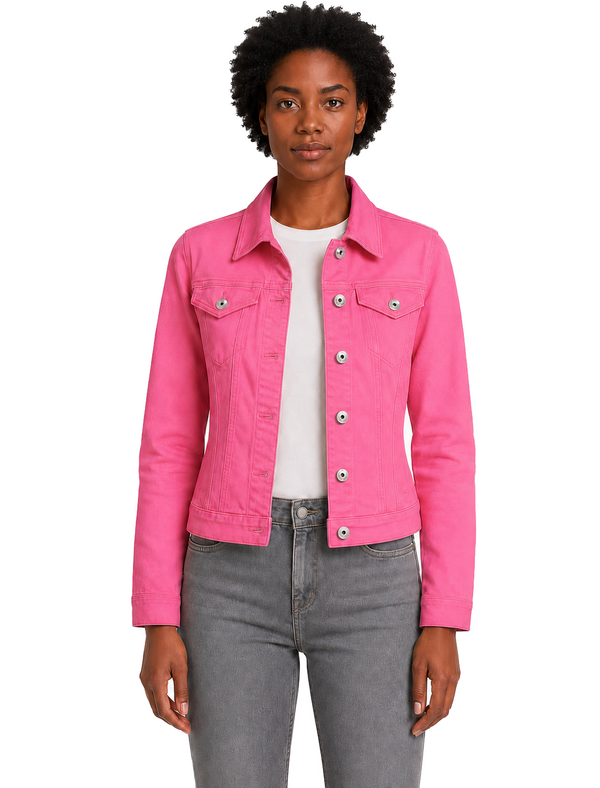 Feather Women's Stretch Cotton Denim Jacket in Pink Cosmos - Amara Reya