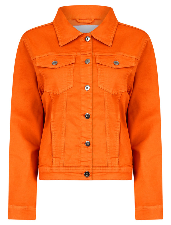 Feather Women's Stretch Cotton Denim Jacket in Celosia Orange - Amara Reya