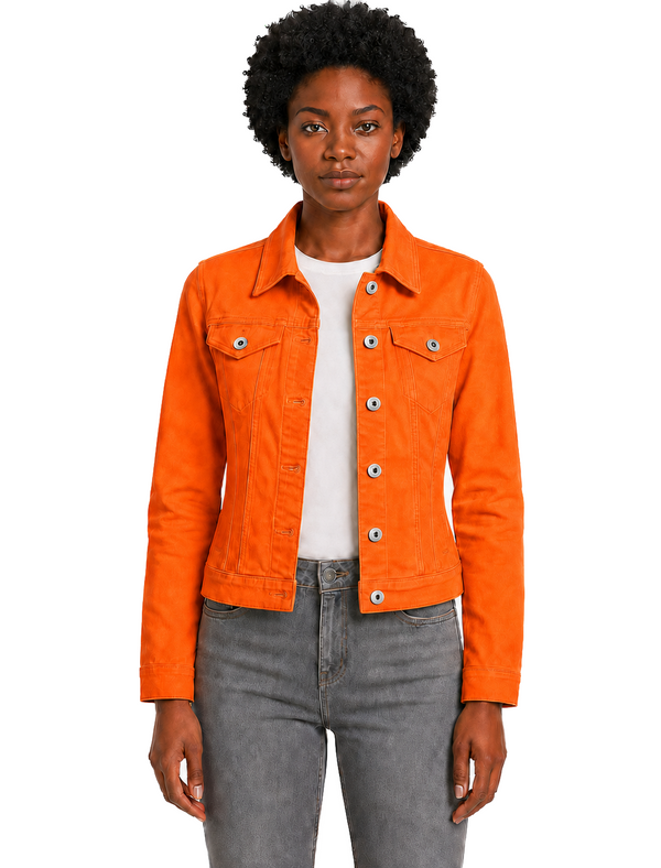 Feather Women's Stretch Cotton Denim Jacket in Celosia Orange - Amara Reya