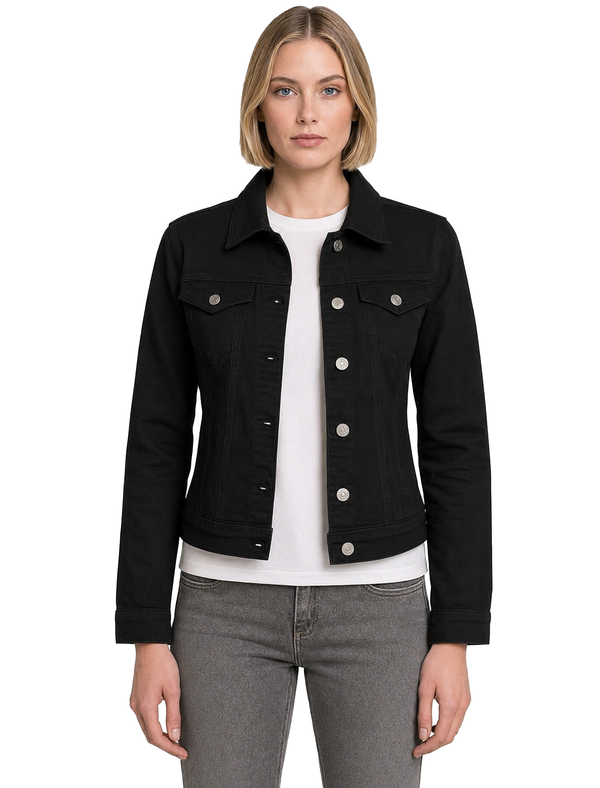 Feather Women's Stretch Cotton Denim Jacket in Jet Black - Amara Reya