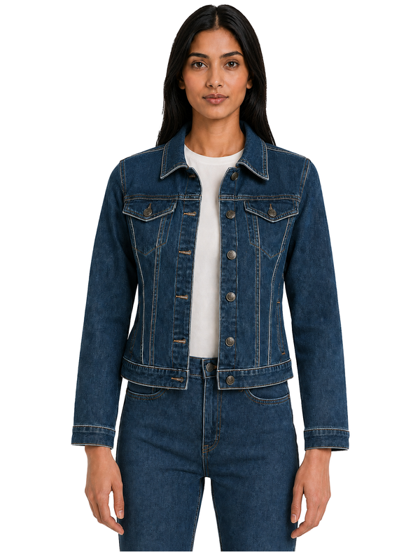 Mesa Women's Stretch Cotton Denim Jacket in Mid Blue - Amara Reya