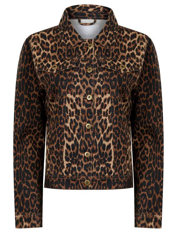 Zephyr Women's Stretch Cotton Denim Jacket in Brown Leopard Print - Amara Reya