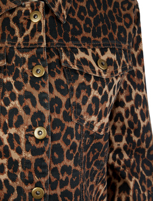 Zephyr Women's Stretch Cotton Denim Jacket in Brown Leopard Print - Amara Reya