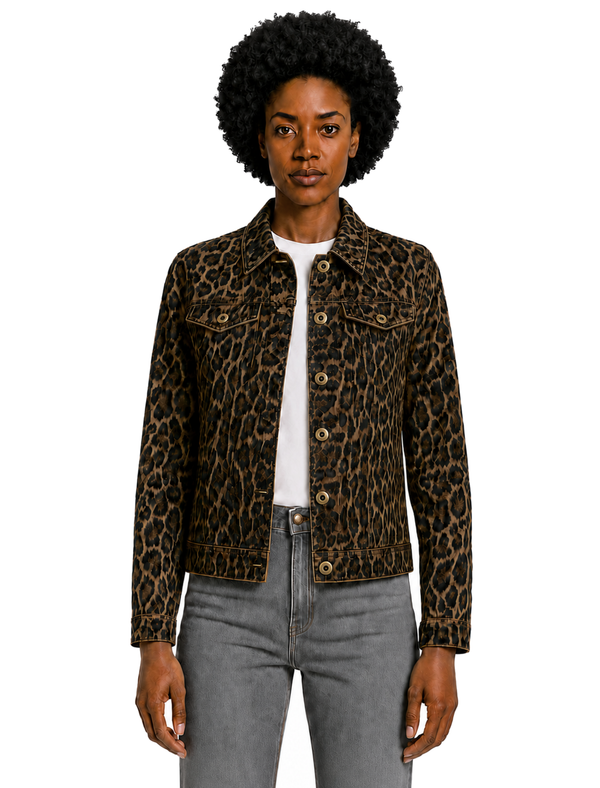 Zephyr Women's Stretch Cotton Denim Jacket in Brown Leopard Print - Amara Reya