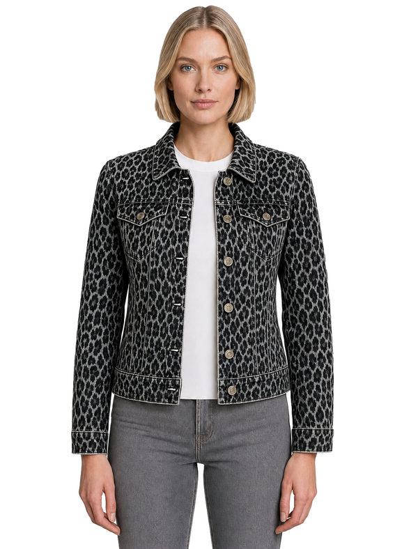 Zephyr Women's Stretch Cotton Denim Jacket in Grey Leopard Print - Amara Reya