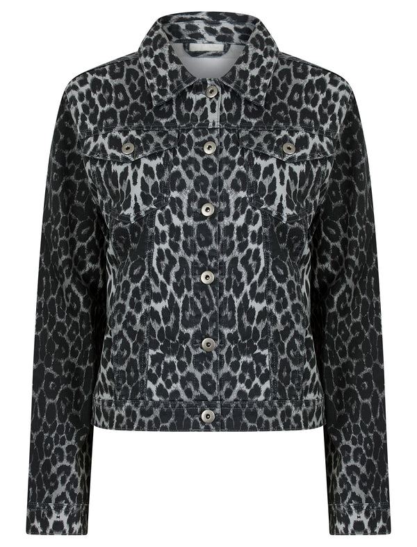 Zephyr Women's Stretch Cotton Denim Jacket in Grey Leopard Print - Amara Reya
