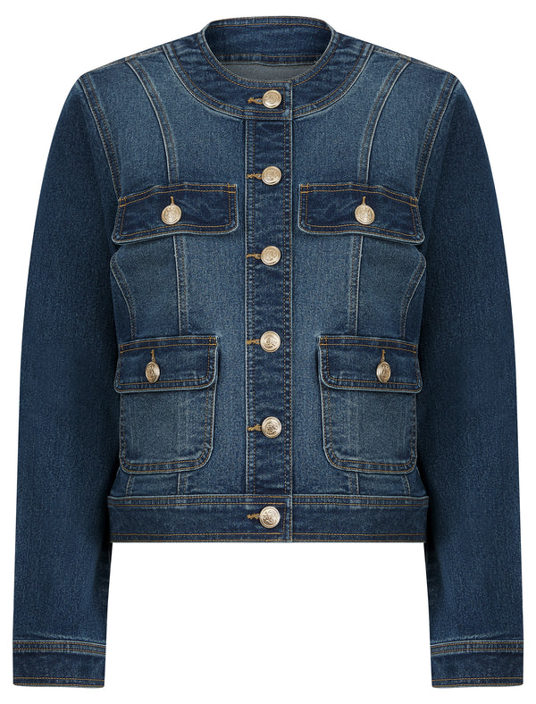 Calgary Women's Stretch Cotton Collarless Denim Jacket in Mid Blue - Amara Reya