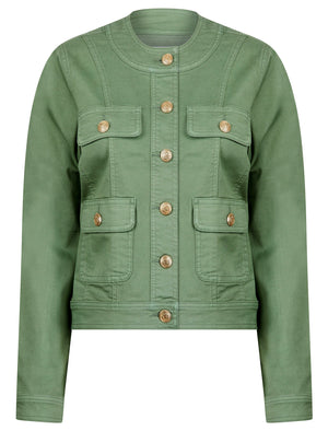 Morlich Women's Stretch Cotton Collarless Denim Jacket in Sage Green - Amara Reya