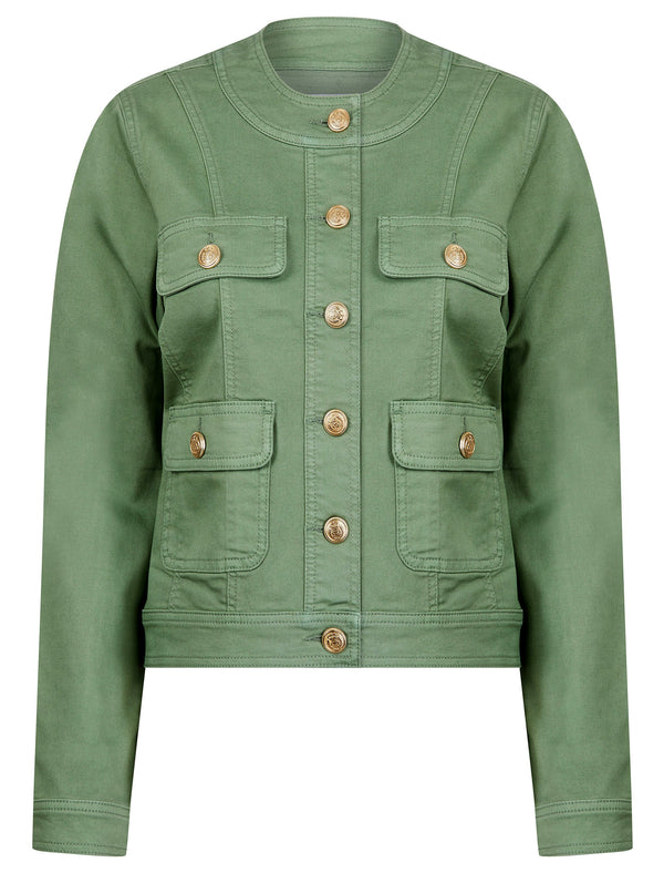 Morlich Women's Stretch Cotton Collarless Denim Jacket in Sage Green - Amara Reya
