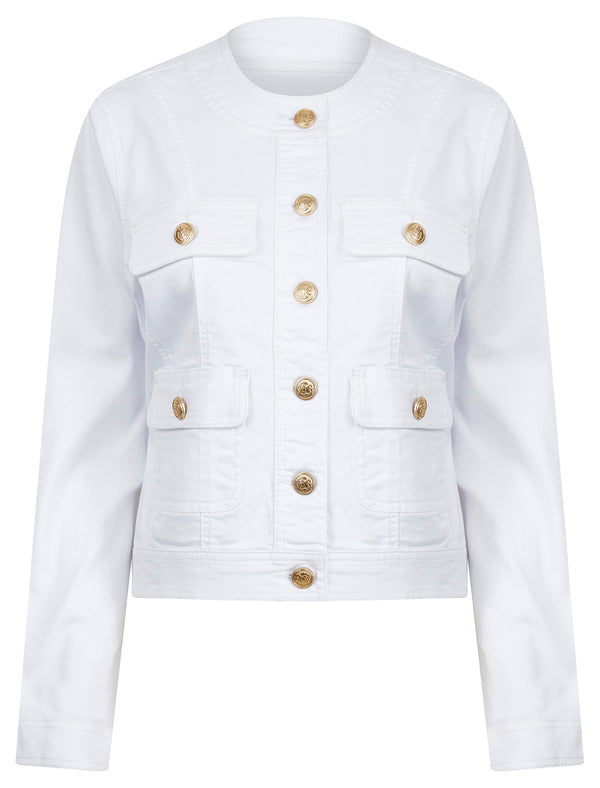 Morlich Women's Stretch Cotton Collarless Denim Jacket in Optic White - Amara Reya