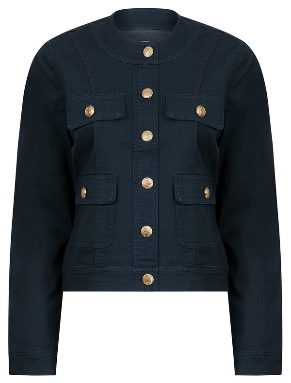 Morlich Women's Stretch Cotton Collarless Denim Jacket in Navy Blazer - Amara Reya
