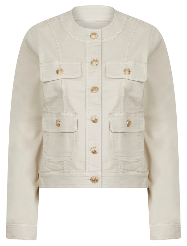 Morlich Women's Stretch Cotton Collarless Denim Jacket in Ivory - Amara Reya