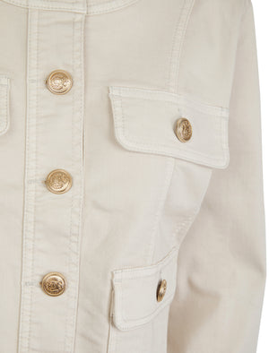 Morlich Women's Stretch Cotton Collarless Denim Jacket in Ivory - Amara Reya