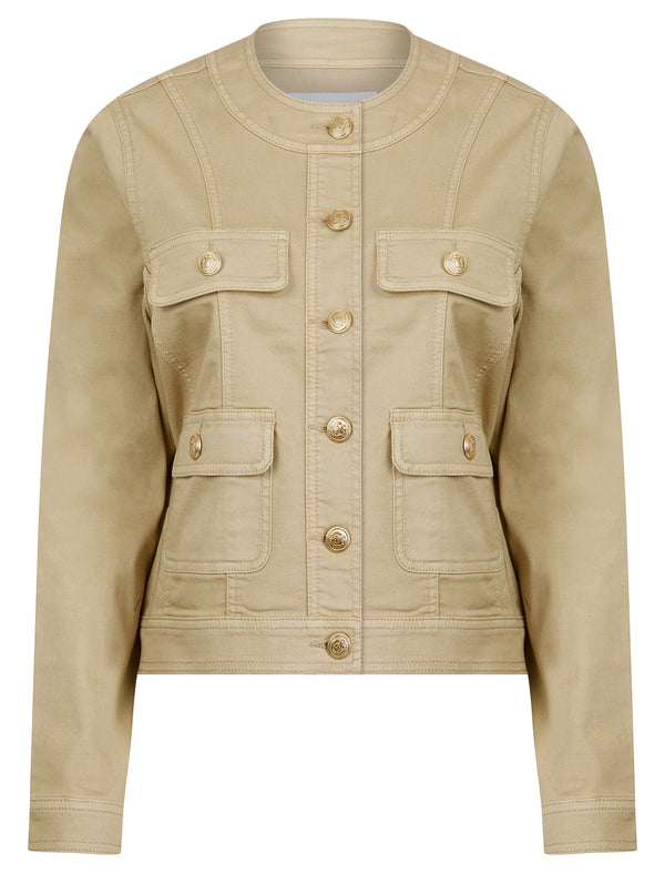 Morlich Women's Stretch Cotton Collarless Denim Jacket in Taupe - Amara Reya