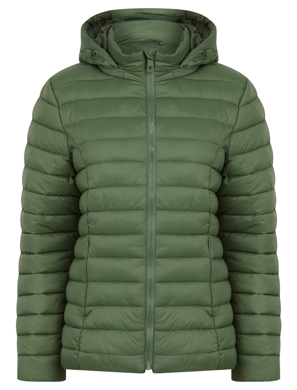 Jaime Women’s Quilted Puffer Jacket with Detachable Hood in Olive Green - Amara Reya