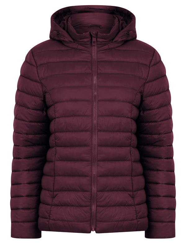 Jaime Women’s Quilted Puffer Jacket with Detachable Hood in Wine - Amara Reya