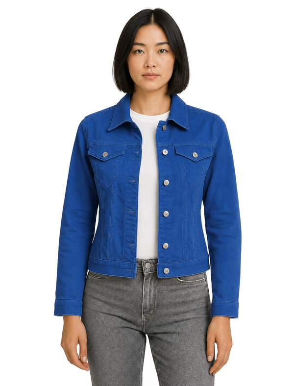 Feather Women's Stretch Cotton Denim Jacket in Clematis Blue - Amara Reya
