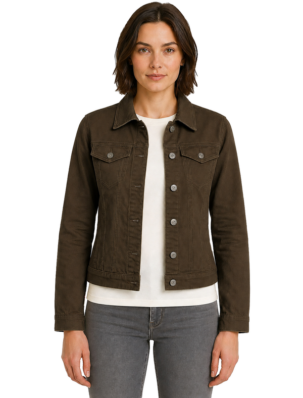 Feather Women's Stretch Cotton Denim Jacket in Chocolate Martini - Amara Reya