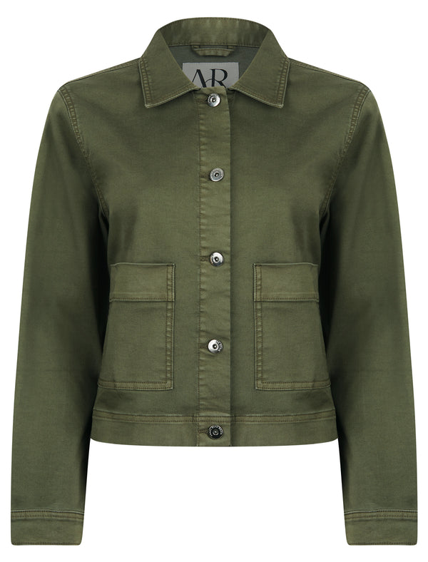 Reformer Women's Stretch Cotton Button Fasten Denim Jacket with Patch Pockets in Grape Leaf - Amara Reya