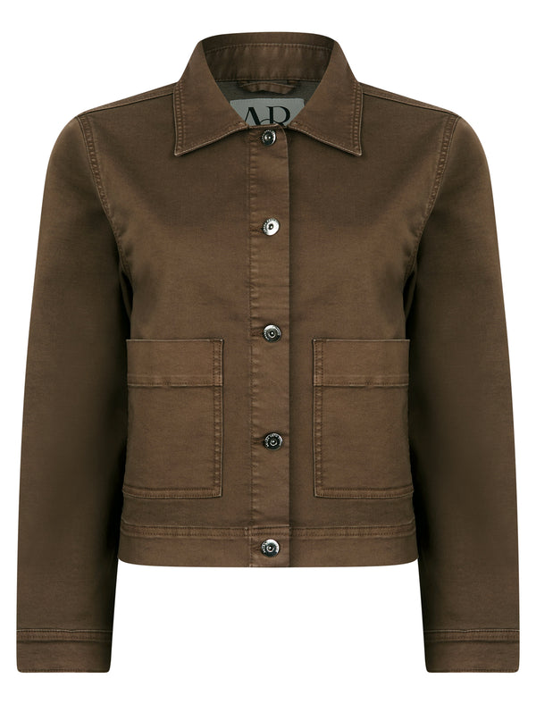 Reformer Women's Stretch Cotton Button Fasten Denim Jacket with Patch Pockets in Chocolate Martini - Amara Reya